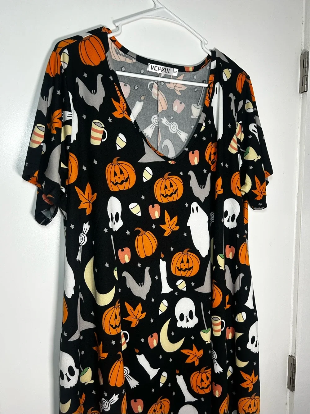 Women's Halloween V-Neck Short Sleeve Pumpkin Ghost Dress